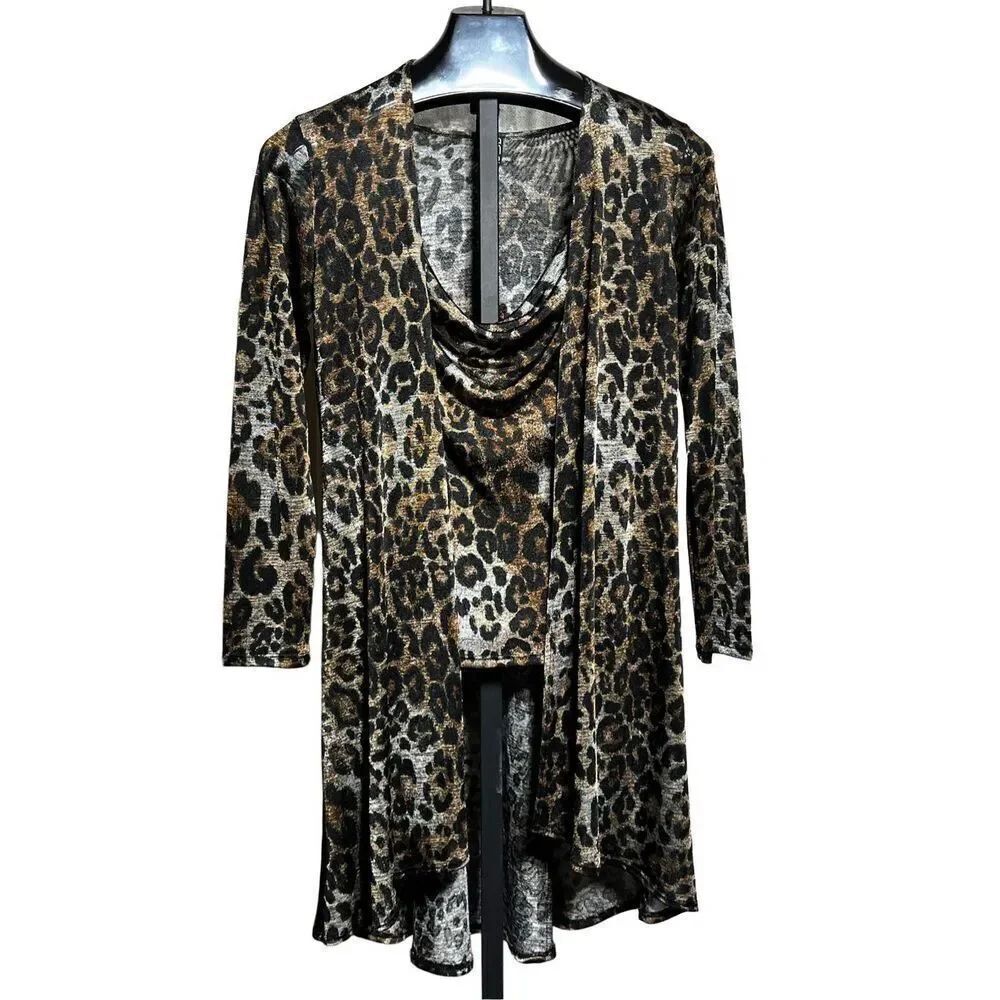 Clara Sun Woo Leopard Print 2pc Long Sleeve Tunic Set with Tank Size Medium